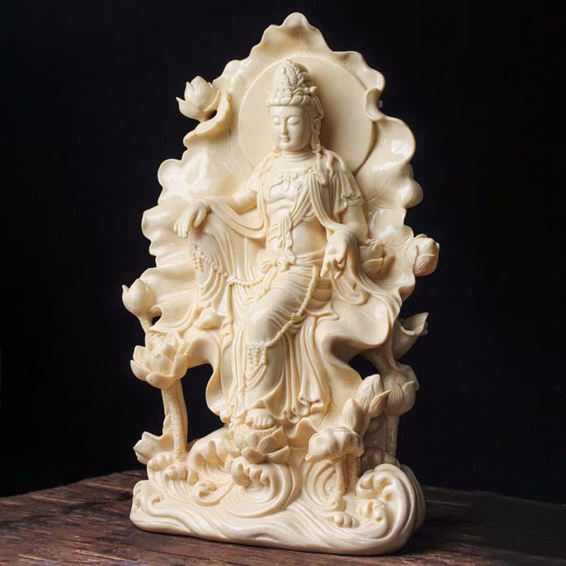 Ivory Nut Carved Lotus Leaf Guanyin Buddha Statue Ornament, Home Living Room Office Desktop Decoration, Ideal Gift