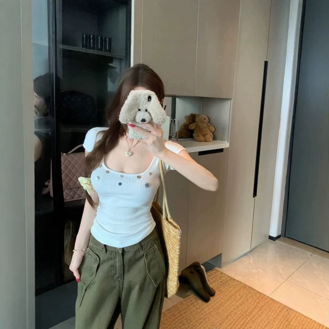 5*5 Ribbed Fabric Square Neck Short Sleeve Top for Women Summer Hot Girl Base Tee Designed Short Waist Chic Blouse