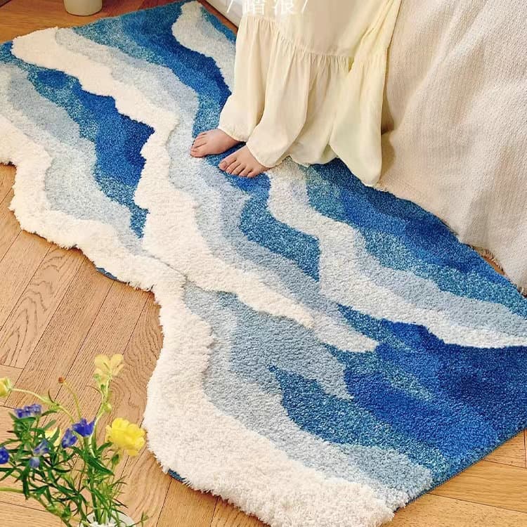 Cross-border Flocked Thickened Irregular Bedroom Living Room Carpet Ins Blue Waves Non-slip Durable Bedside Floor Mat