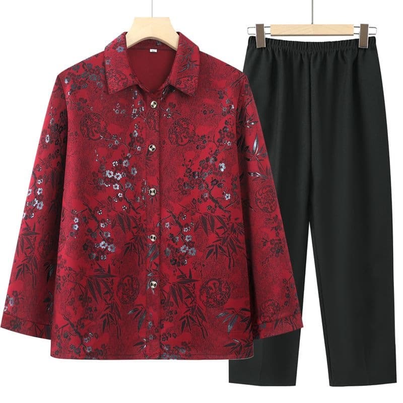 Autumn Clothing Set for Elderly Women Long Sleeve Blouse for 60-70 Year Olds Spring and Fall Shirt