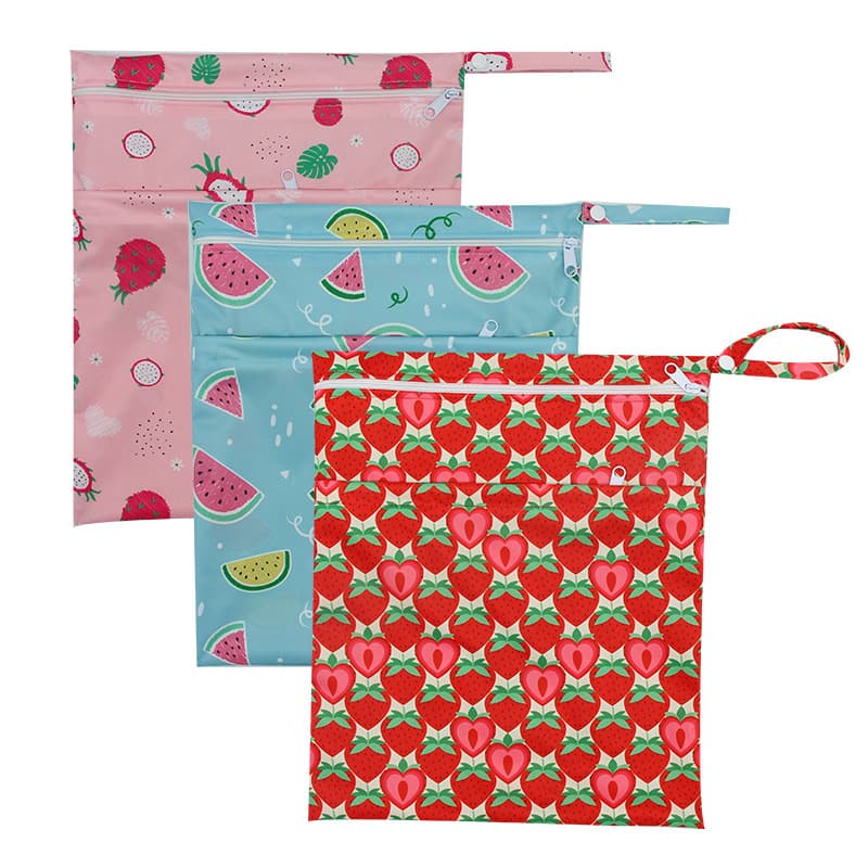 Cross-border diaper bag 30*36cm with double zippers, printed waterproof wet/dry separation double-layer waterproof pouch for infant diapers.
