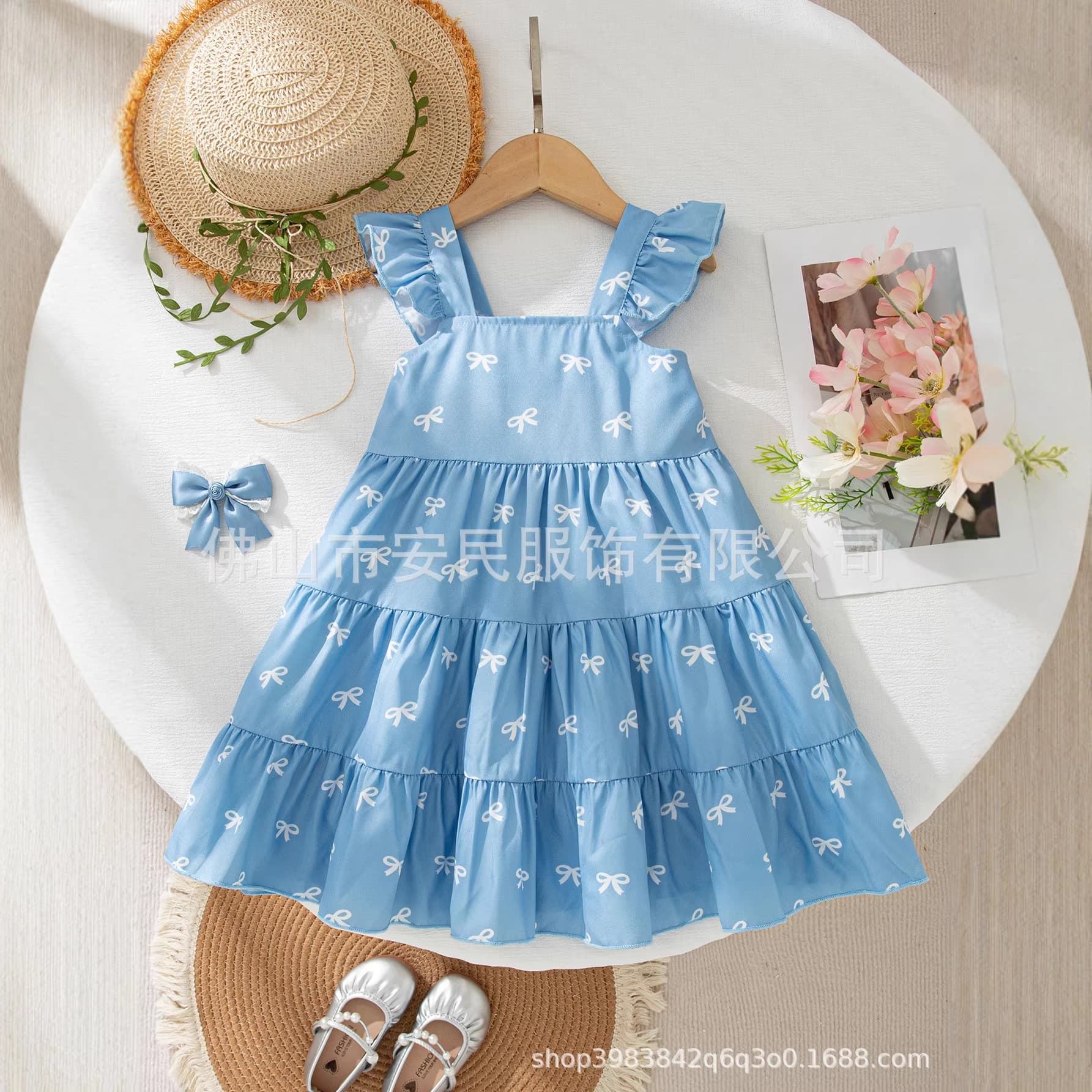 Summer baby girl's cute holiday style party bow printed blue flying sleeves lace suspender princess dress