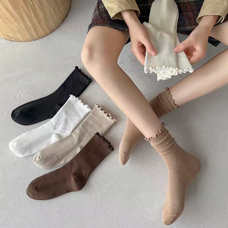 Zhuji Summer Women's Socks Mid-Calf Socks Scalloped Edge Solid Color Lace Socks Ins Simple Korean Style Versatile Sports Women's Socks