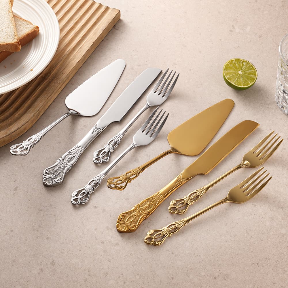 Stainless steel Imperial Cake Knife and Spatula Cutlery Set Dessert Fork Baking Embossed Cutlery Gift Box Set of Four