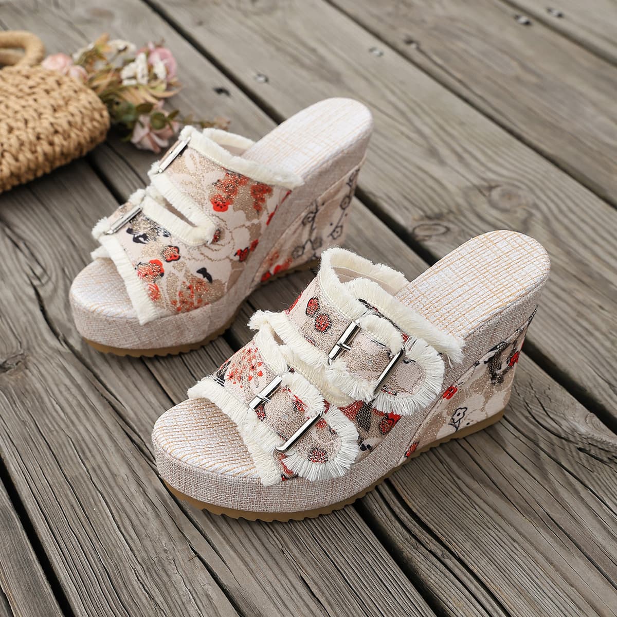 Cross-Belt Buckle Wedge Peep Toe Sandals Women's Denim Thick Sole Slippers Summer Fashion Outdoor Slippers