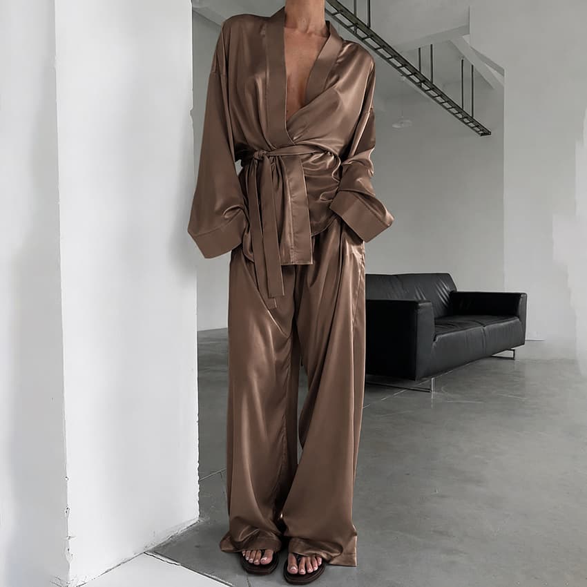 2026 European and American Ice Silk Satin Pajama Set for Women Long Sleeve Long Pants Two-Piece Cross-Border Ladies Homewear Wholesale