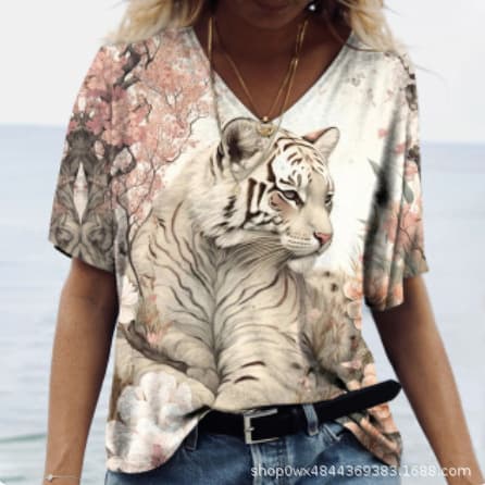 Women's 3D Printed Tiger Leopard Animal Pattern Short Sleeve T-Shirt European American Cross-Border V-Neck Base Layer