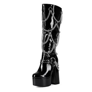 European and American Export Black Y2K Metal Chain Punk Gothic Chunky High Heel Plus Size 44 Women's Over-the-Knee Boots