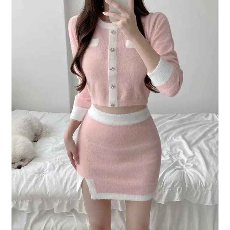 Korean style small fragrant knitted two-piece suit furry contrast color sweater for women + high waist slimming hip skirt