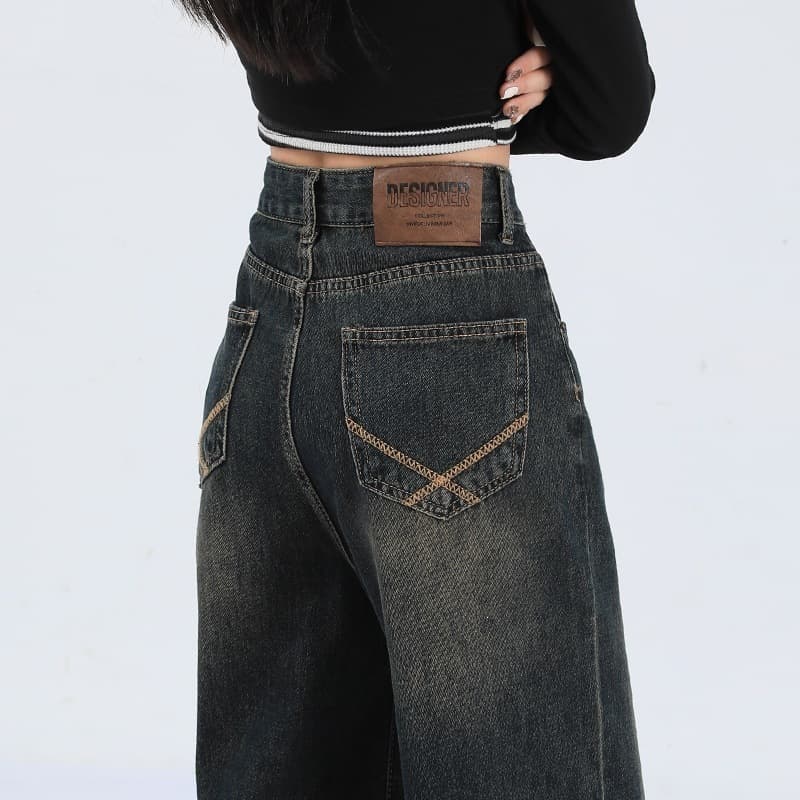 Fat mm plus size women's retro high-waisted wide-leg jeans women's new trousers American high street slim straight pants