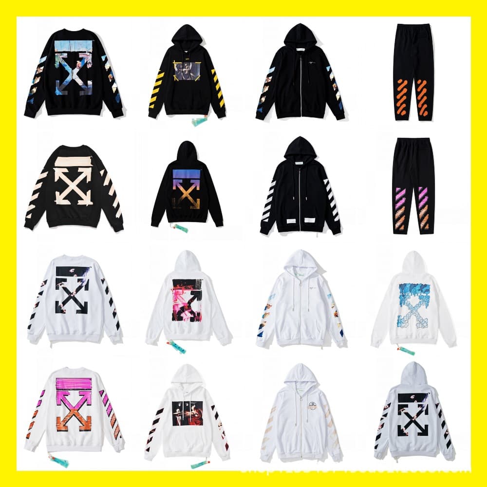 [OFF Autumn/Winter Series] OW Arrow Graffiti Fireworks 99 Tape Print Hoodie Couple Zip-Up Sweatshirt Pants