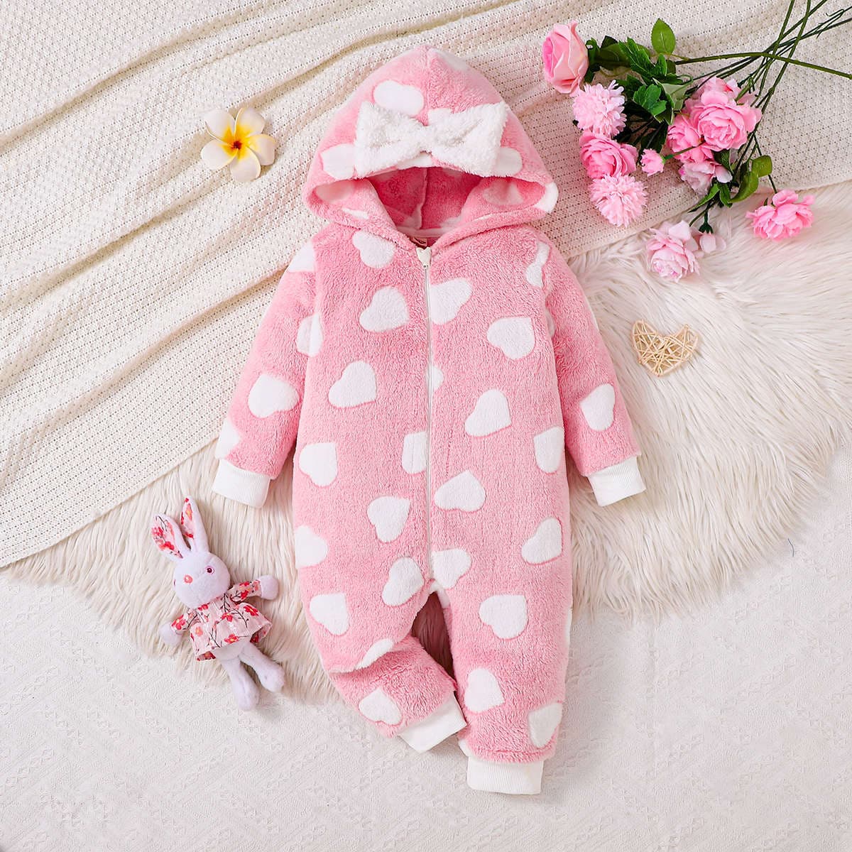 Baby Girl Heart Hooded Jumpsuit, Winter Thickened Plush Crawler Suit, Infant and Toddler Warm Outing Suit