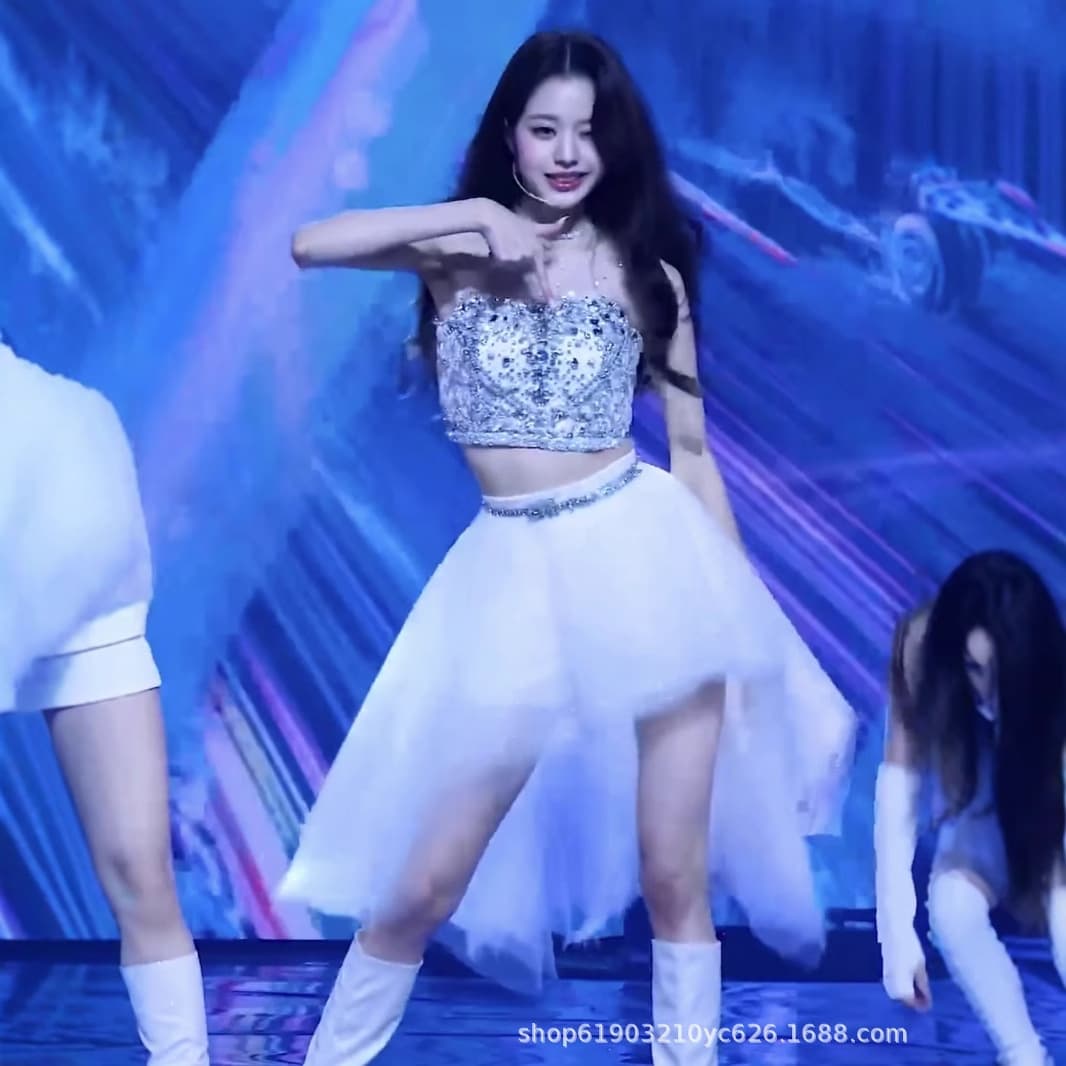 Cider Jang Won-young same-style performance outfit rhinestone vest sheer mesh skirt Eleven jazz dance costume women's set