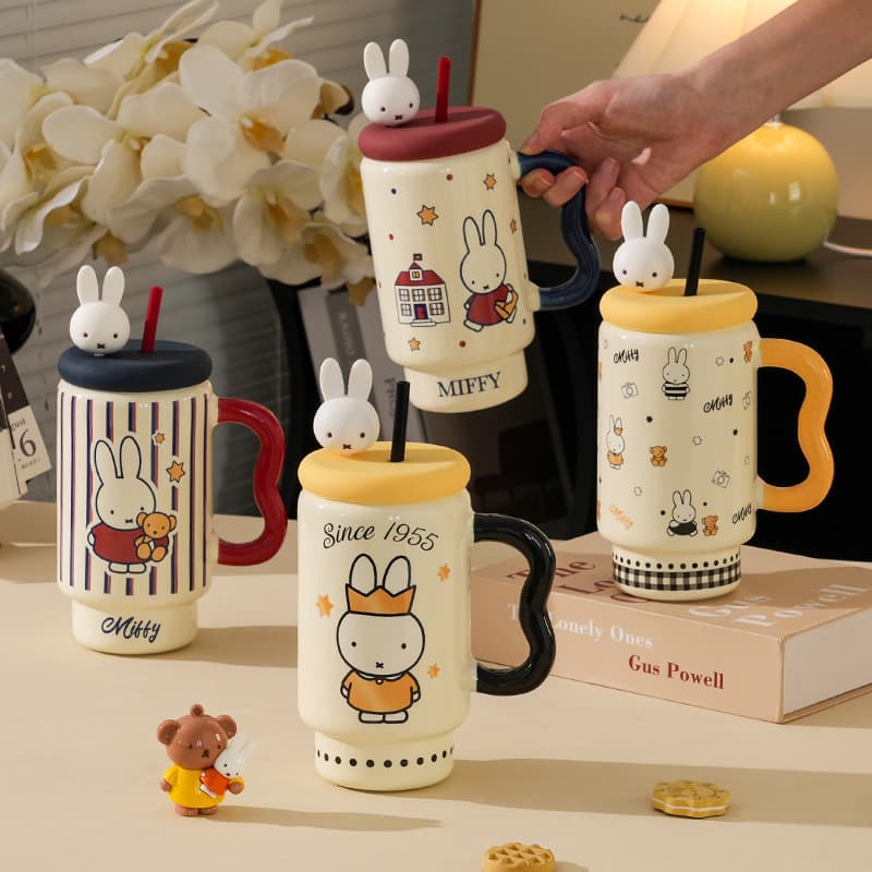 Original Miffy Large Capacity Straw Cup, High Appearance, Ceramic Cup with Lid, Cute Cartoon Mug for Office