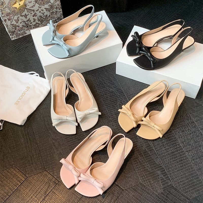 Soft cowhide French heel height 5.5cm ~ Summer new style square toe three-dimensional bow open back open toe sandals for women's outer wear