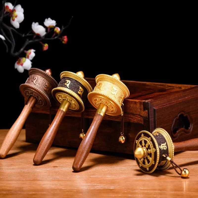 Detian Tibetan-style hand-cranked prayer wheel, Six-Syllable Mantra gunmetal wood handle, dual bearings, full alloy, easy to carry