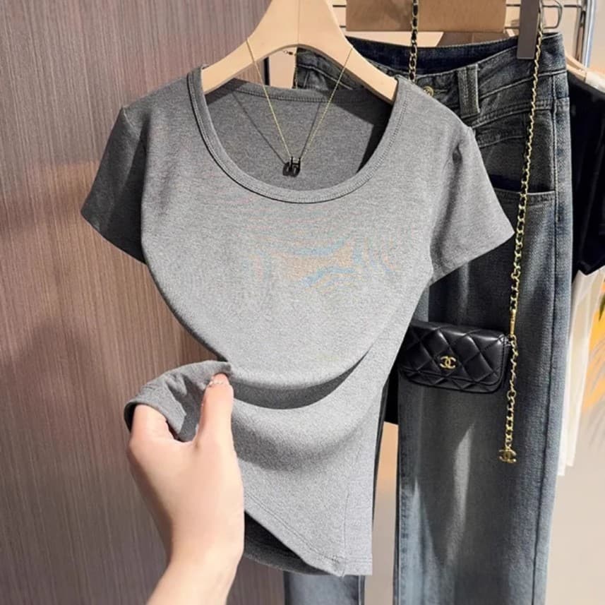 New Summer U-Neck T-Shirt Women's Short Sleeve 2025 Slim Fit Basic Top