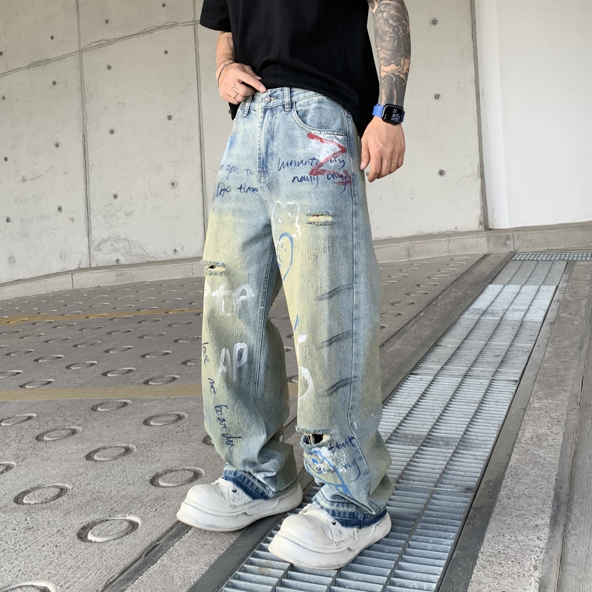 American Street Graffiti Painted Ripped Jeans Unisex Straight Loose Washed Hip Hop 2025 Summer