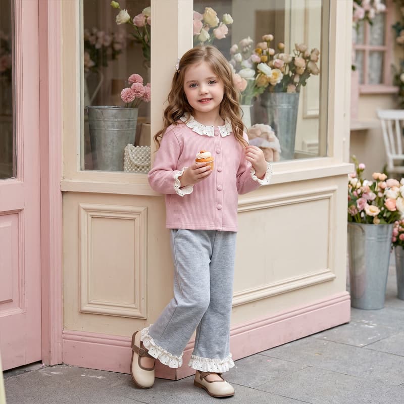 Girls Korean style spring and autumn new style baby girl polka dot ear-edge cardigan micro-flared trousers two-piece set AQC008