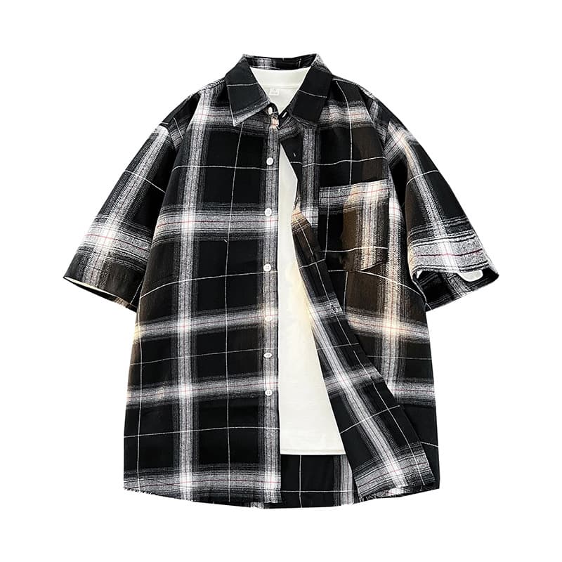 Fashion Plaid Shirt for Men 2024 Hong Kong Style Plaid Trendy Unisex Loose Short Sleeve Shirt Ins Half Sleeve Shirt for Men