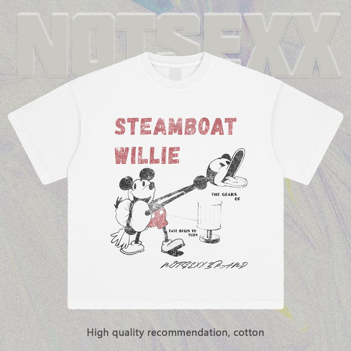 NOTSEXX "First Mouse" Digital White Ink Direct Print 260g Pure Cotton Washed Boxy Loose Short Sleeve T-Shirt Men