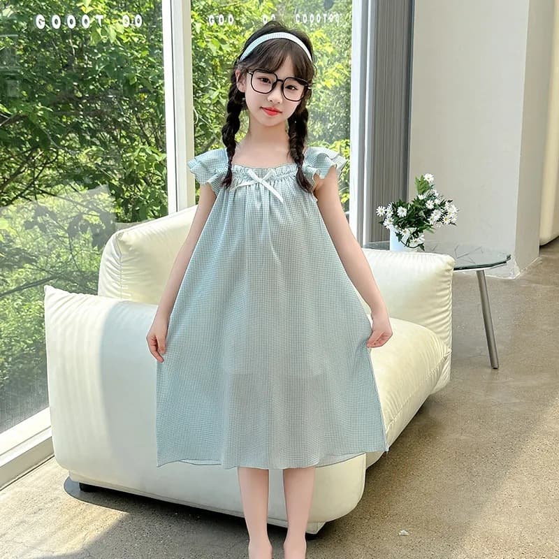 Girls' Summer Nightgown New Korean Style Strappy Nightgown Ice Silk Outerwear Nightgown for Older Children Kids Pajama Dress