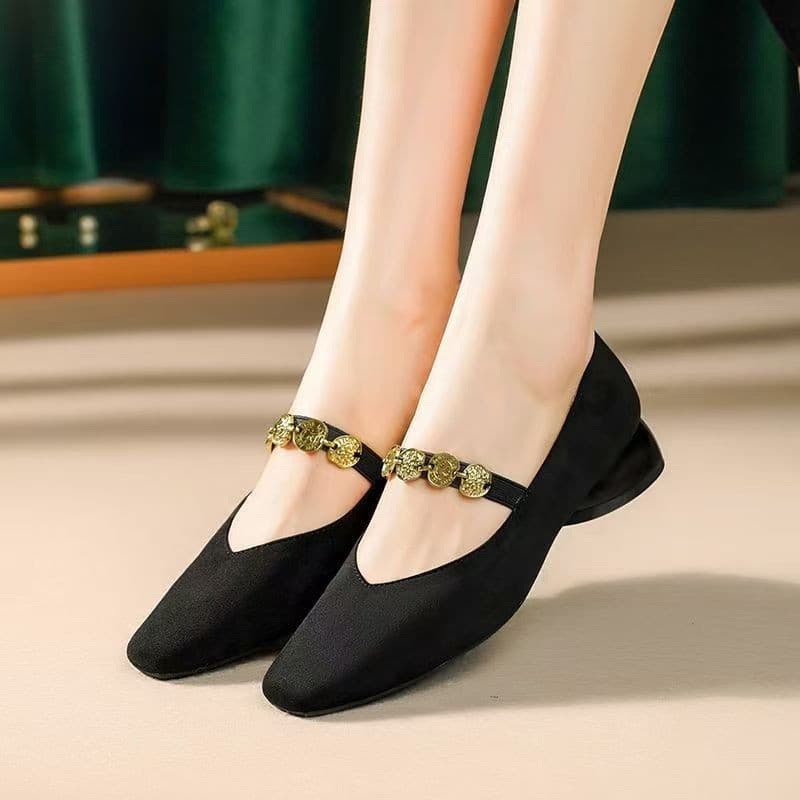 Flat Mary Jane Shoes with Bow, Low Heel Vintage Style, French New Chinese Style High Heel Women's Chunky Heel Elegant
