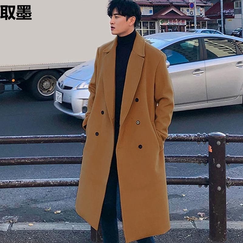 Winter Wool Coat Men Mid-Length Korean Style Knee-Length Thickened Wool Trench Coat Casual British Style Jacket Trendy Handsome