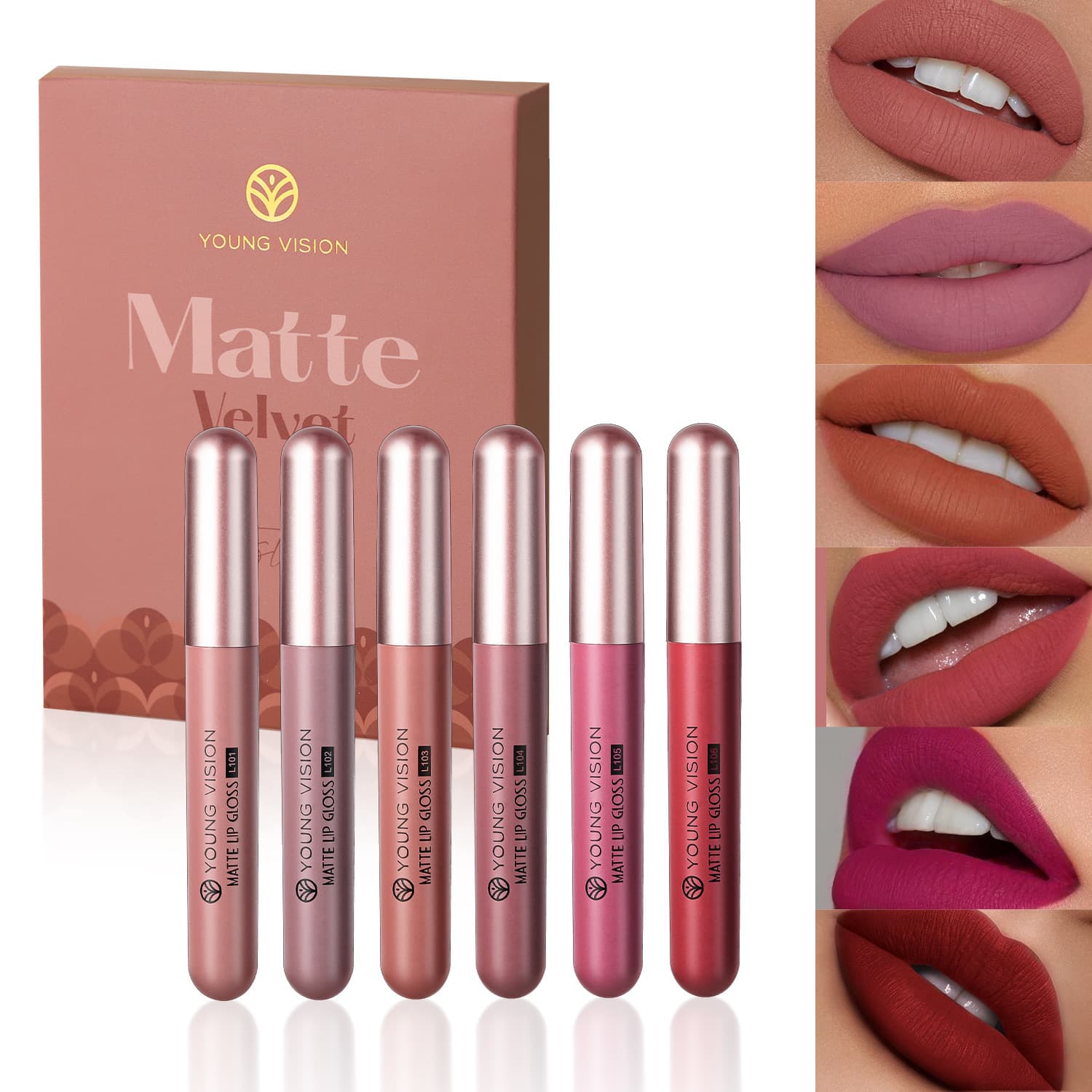 Young Vision Velvet Matte Lipstick Set 6 Pieces Long-lasting Waterproof Glossy Lip Color Makeup Velvet Texture Soft Matte