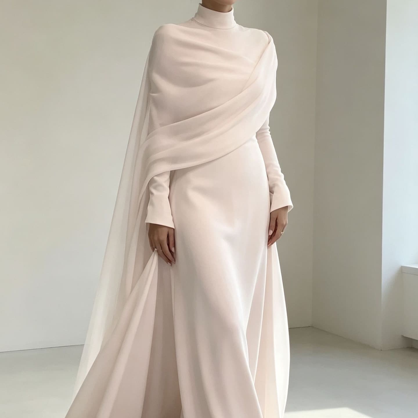 Spring 2026 European and American Amazon cross-border gentle light pink turtleneck shawl streamer long-sleeved A-line dress