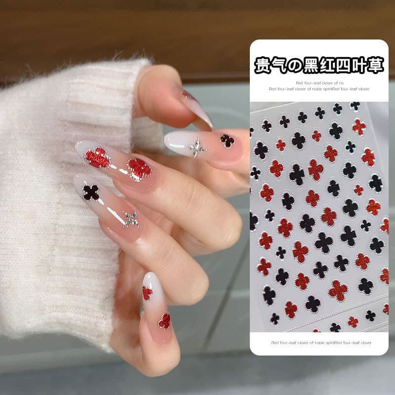 New Black and Red Clover Nail Art Stickers Xiaohongshu Popular Van Cleef & Arpels Clover Nail Decoration Stickers Wholesale