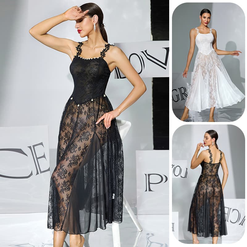 Black and White Two-Tone Lace See-Through Nightgown with Floral Shoulder Straps and Pearl Embellishments, Waist-Cinching Long Style, Sexy Loungewear 1162