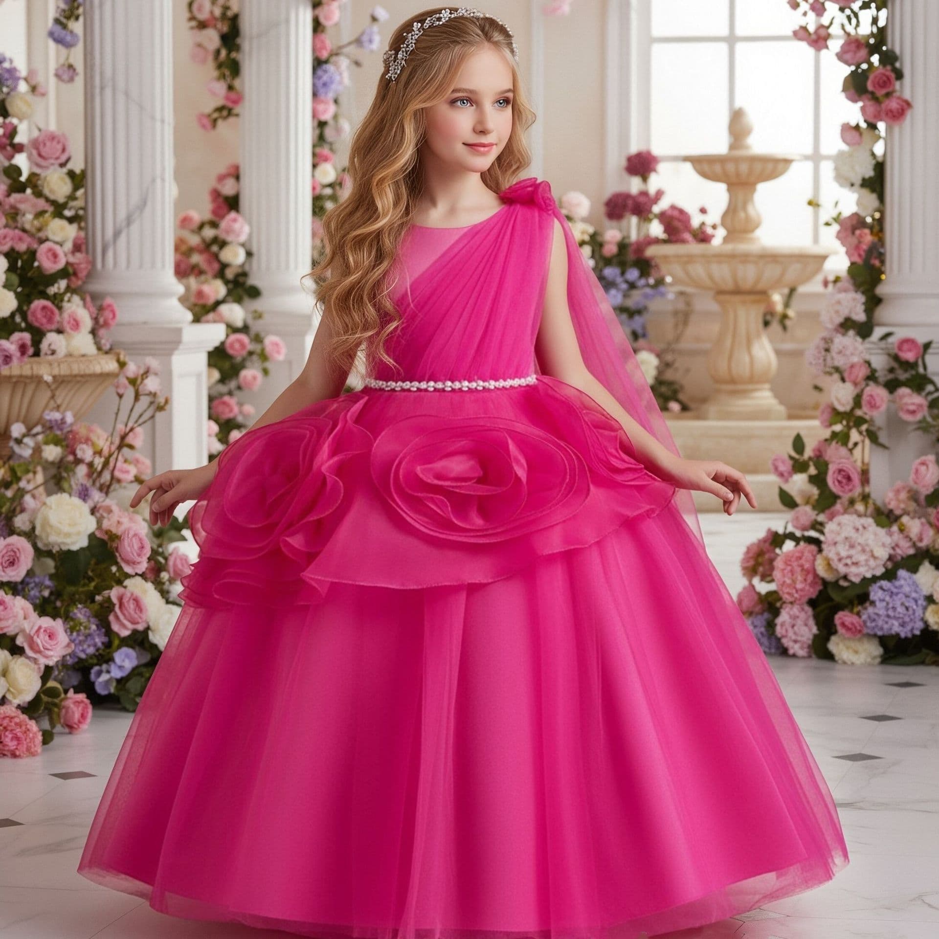 European and American Style Girls Evening Dress Birthday Princess Gown with Diamond Decor Large Flower Flower Girl Wedding Dress Host Piano Performance Costume