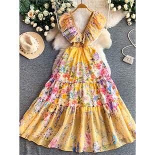 European-American Vintage Palace Floral Print Lace Flutter Sleeve V-Neck Dress for Women, Autumn Waist-Cinching Slimming Ruffle Hem Long Dress