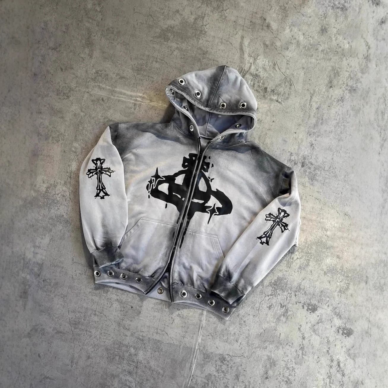Niche Style Women's Cross-border Design Eyelet INS Feel Hoodie Loose Hooded Sweatshirt Hip Hop Autumn Winter Harajuku Men's European and American Style