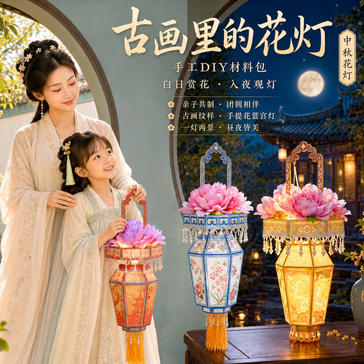 Ancient Painting Flower Basket Lantern DIY Vase Palace Lamp Hanfu Creative Peony Chinese Trend Flower Lantern Mid-Autumn Festival Handmade Lantern