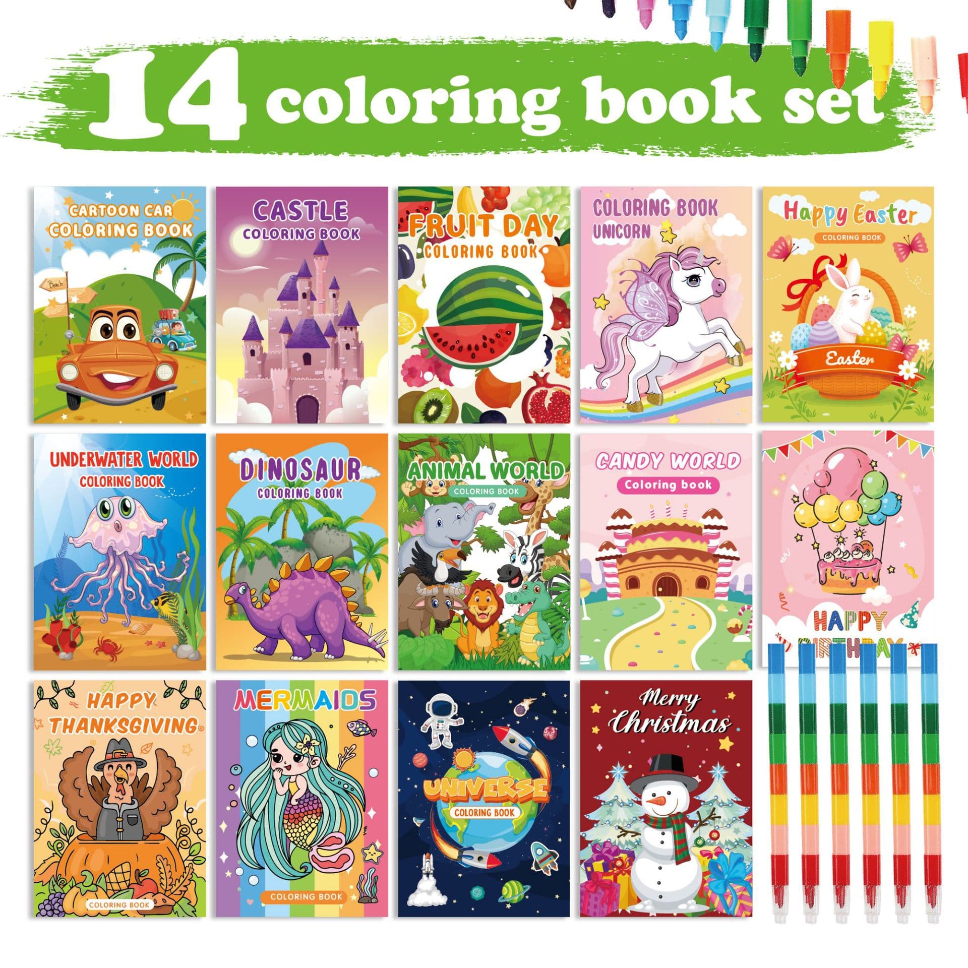 Cross-border Coloring Book Set: Cartoon Drawing Book, Animal, Birthday, Dinosaur, Children's Coloring Book Set