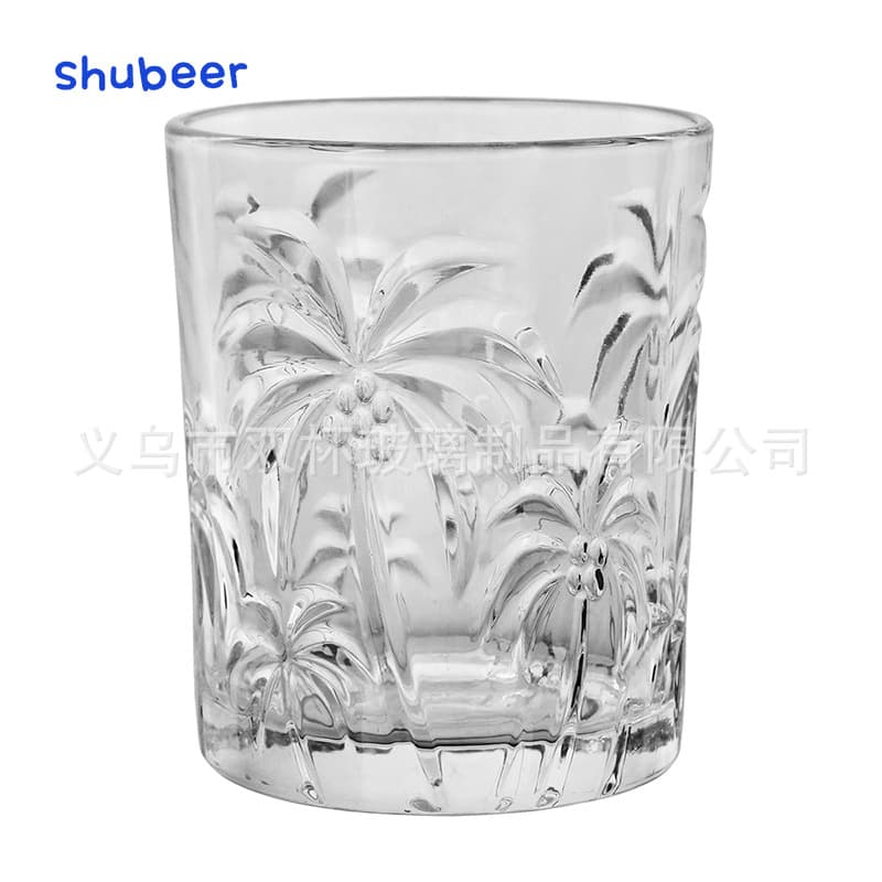Creative Embossed Glass Cup with Coconut Tree Rim, Home Drinking Cup, Restaurant Juice Cup, Beverage Cup, Milk Cup, for Hot and Cold Drinks