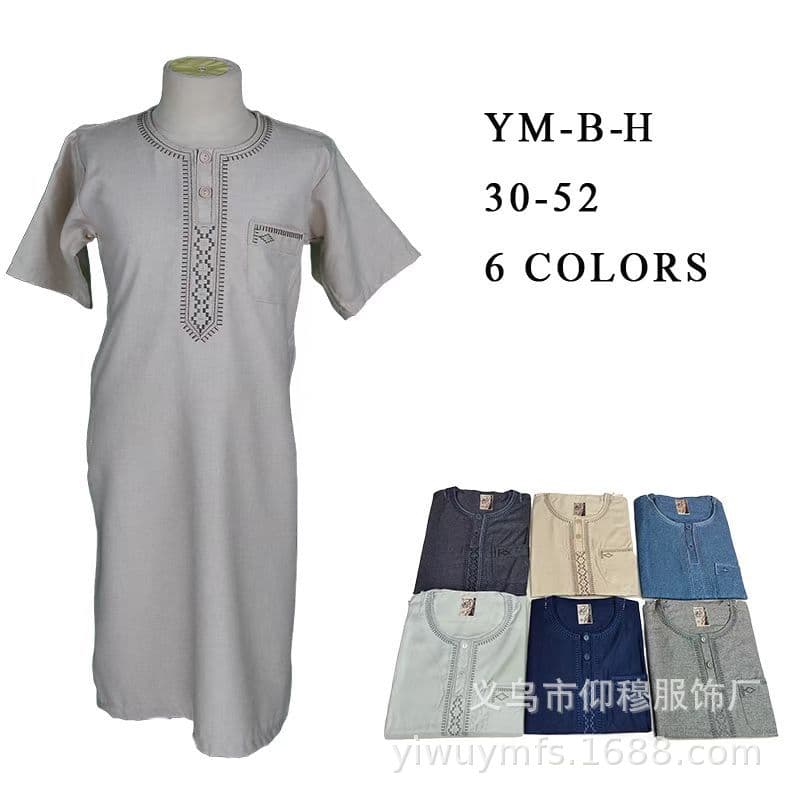 2025 Cross-border Embroidered Short-sleeved Robe for Boys, Cotton and Linen, Wholesale