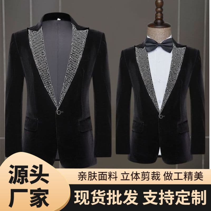 Black Tailor-Made Men's Suiting Set Fashionable Slim Fit Tuxedo Jacket for Hosts And Singers Velvet Fabric Four Seasons Suitable
