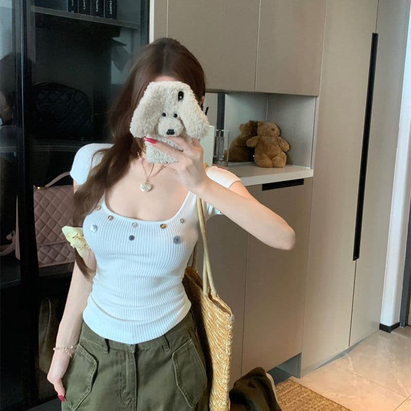 White Square Neck Short Sleeve Knit Top for Women Summer Hot Girl Slim Fit Base Layer Chic Cropped Waist-Cinching Top