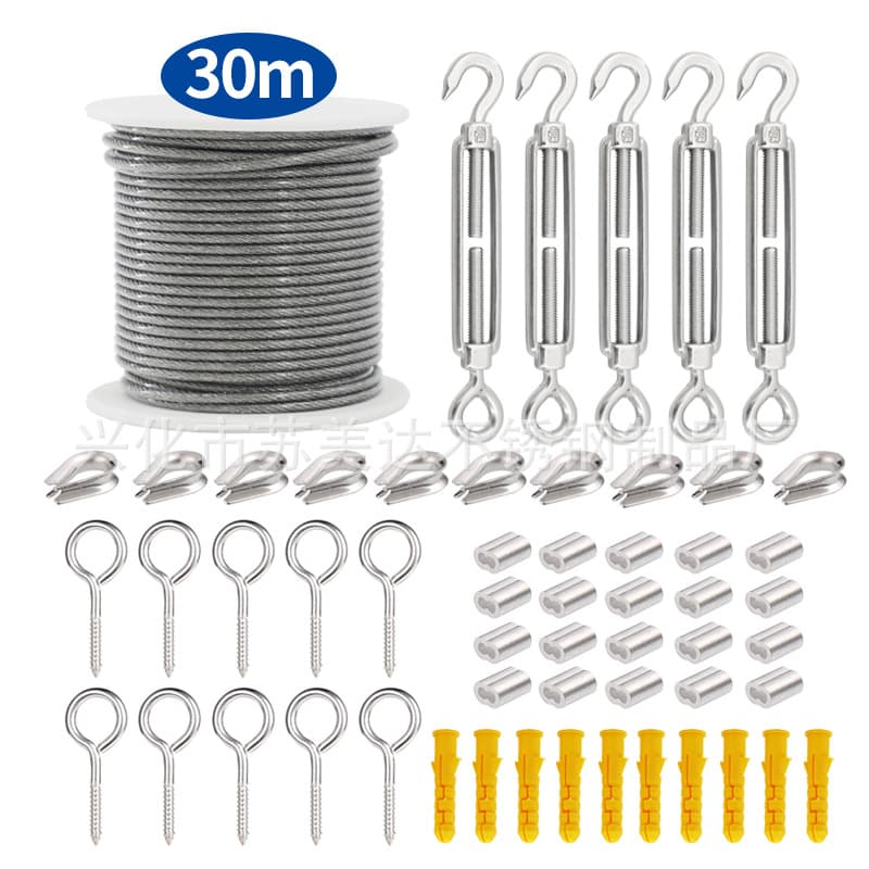 Stainless Steel PVC Cable Coated Wire Rope String Light Suspension Carabiner Hook Tightener Kit
