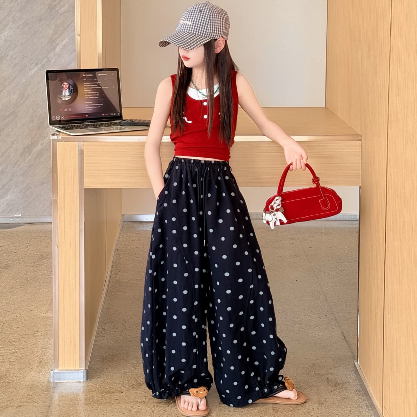 Girls Summer Casual Pants 2026 New Style Middle School Girls Polka Dot Wide Leg Pants Harem Pants Thin Pants