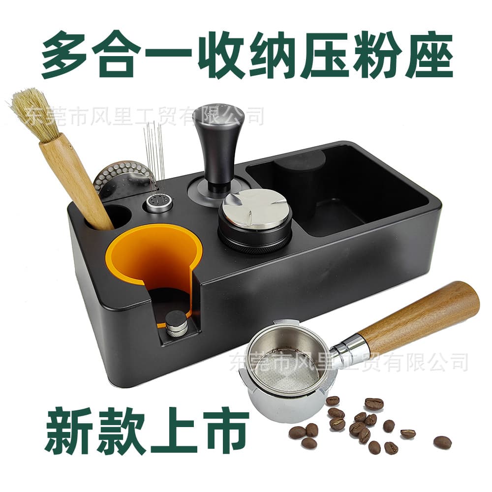All-in-one coffee tamper, multi-functional tamper storage table, white bar counter for storing coffee machine accessories.