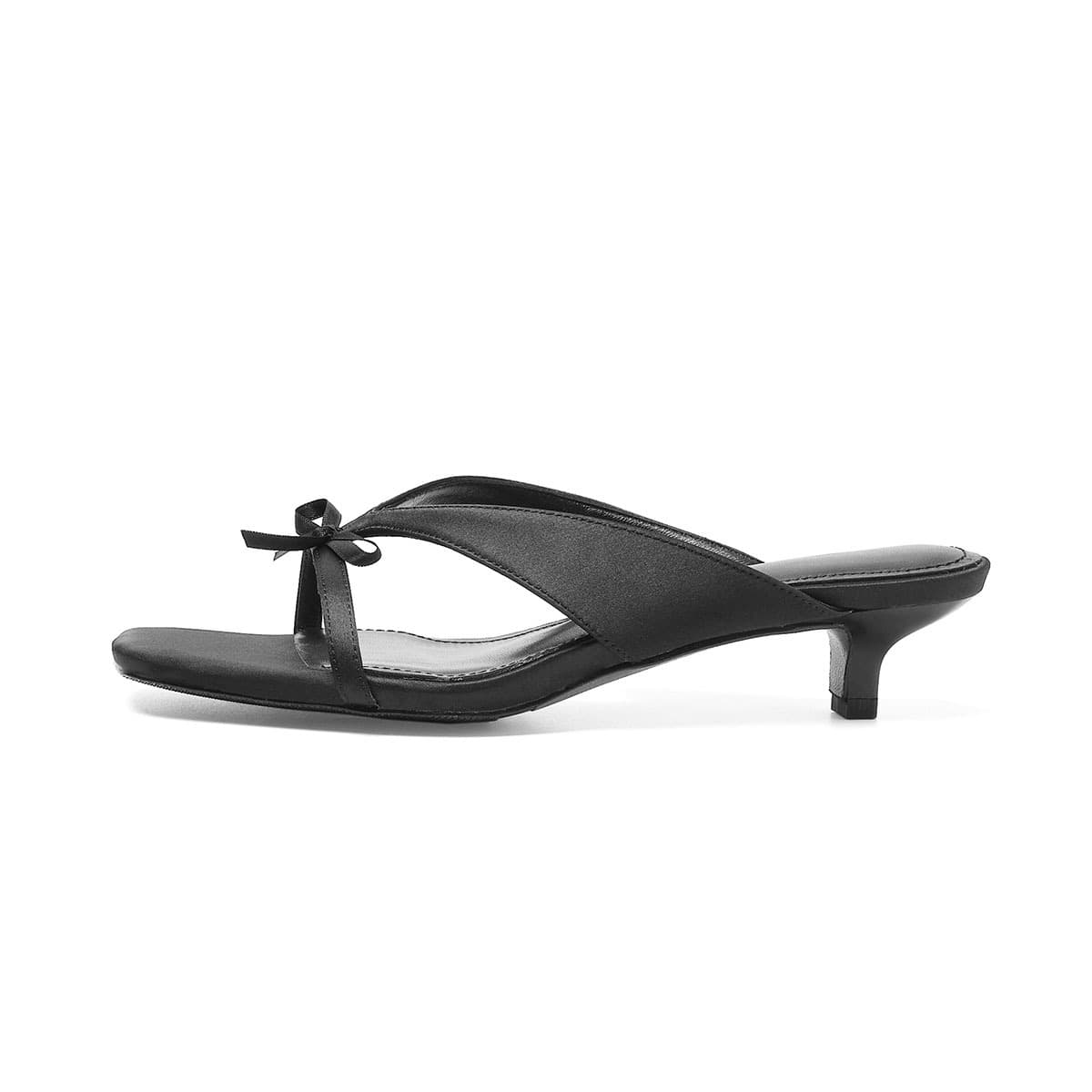 European and American style new black one-strap sandals for women, kitten heel, elegant fashion silk bow, casual open-toe sandals for outdoor wear