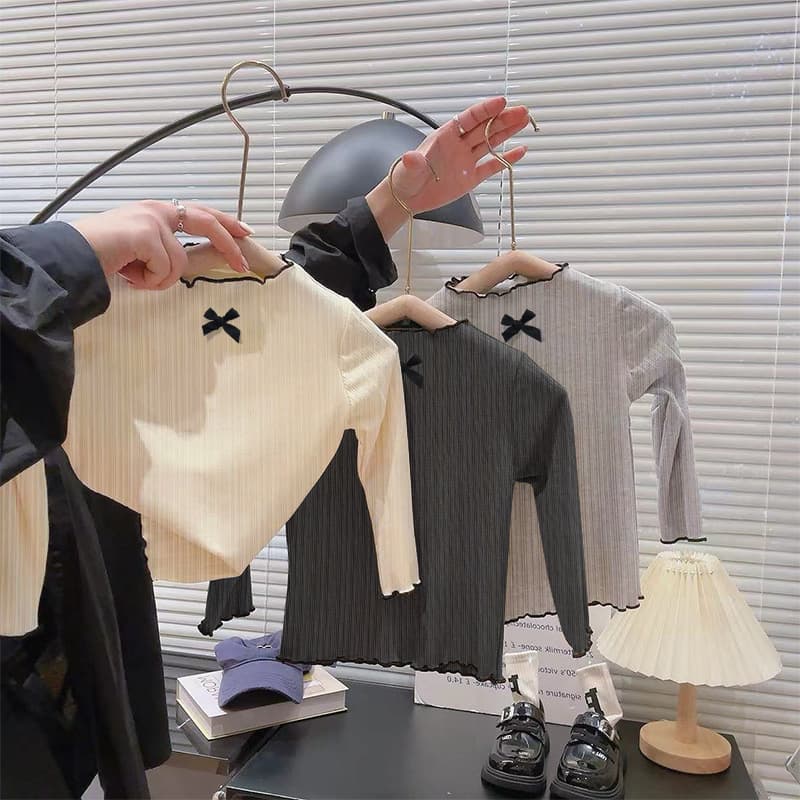 Girls Long Sleeve T-Shirt with Ruffle Bow Detail 2024 Autumn New Baby Versatile Base Layer Top