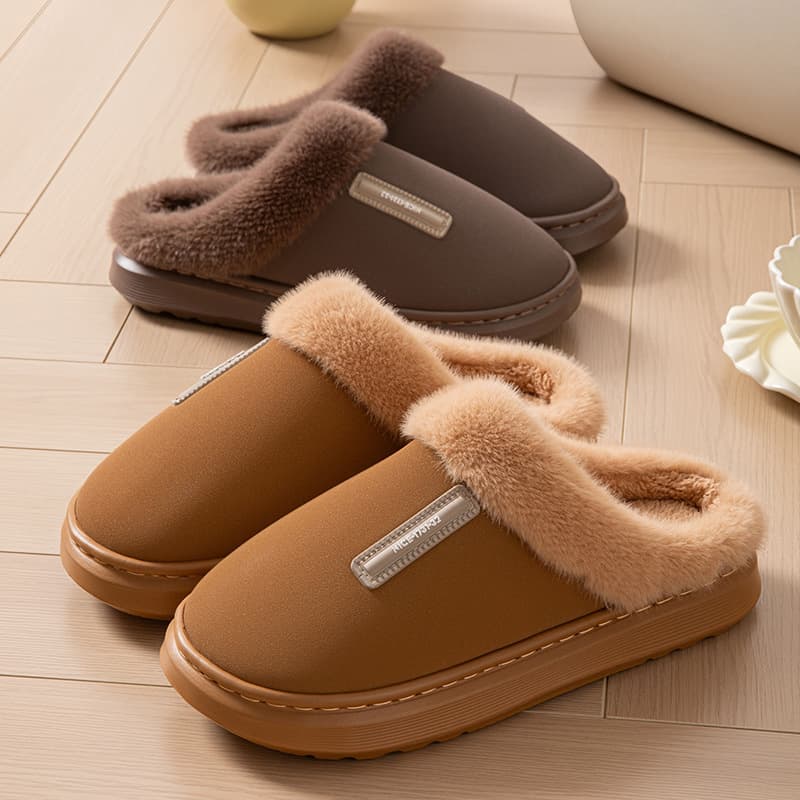 Waterproof Warm Couples Cotton Slippers for Women Winter Fleece Cotton Shoes Indoor Thick Sole Fleece-Lined Outdoor Cotton Slippers Men Winter