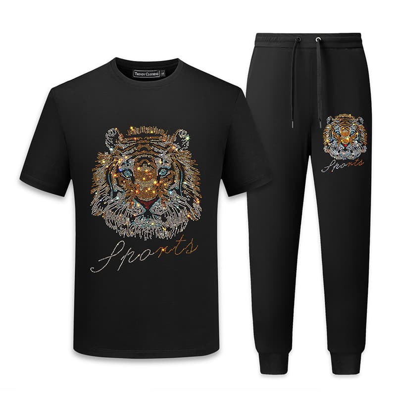 Men's Casual Set with Rhinestone Tiger Head, Ice Silk Cotton Blend, 2023 New Short Sleeve T-Shirt, Slim Fit Big Size
