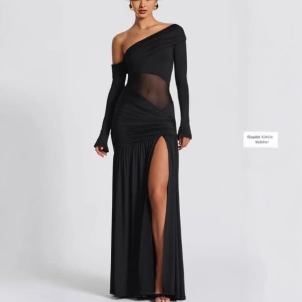European and American cross-border 2025 spring and summer new arrivals, sophisticated and elegant off-shoulder gathered slits and drapey waist dress