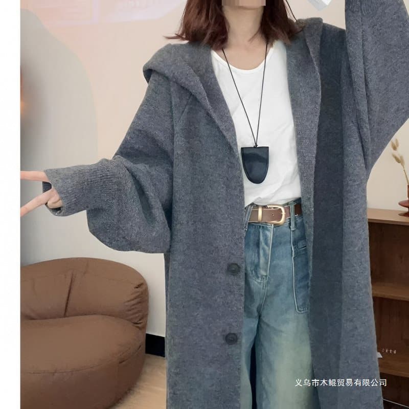 Original Version Autumn/Winter New Arrival Knit Cardigan Fall Women Mid-Length Plus Size Sweater Jacket Loose Hooded Coat